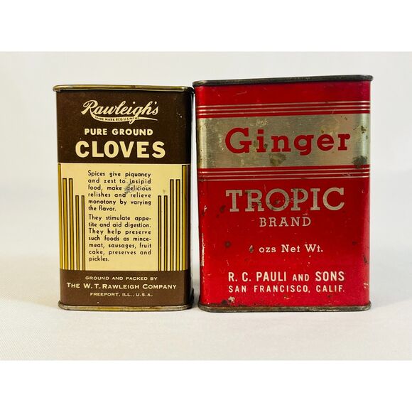 Vintage Spice Cans Ginger Tropic Brand Rawleigh's Pure Ground Cloves Lot - Picture 1 of 8